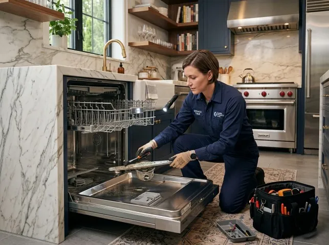 Appliance Repair Hero technician servicing a built-in dishwasher in a Bosque, NM kitchen