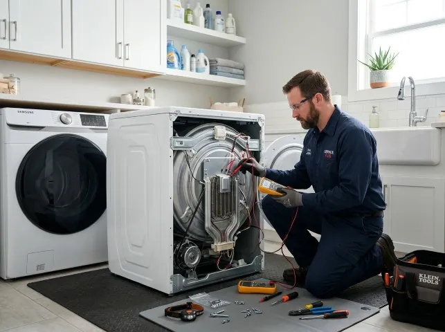 Appliance Repair Hero technician checking a dryer heating element with the rear panel off in Bosque, NM