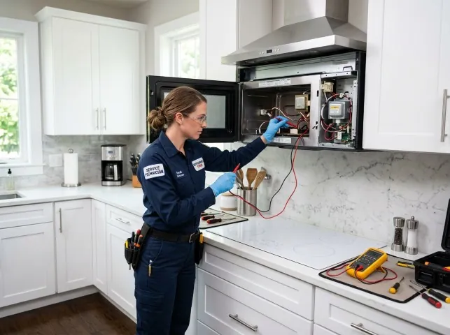 Appliance Repair Hero technician testing an over-the-range microwave in a Bosque, NM kitchen