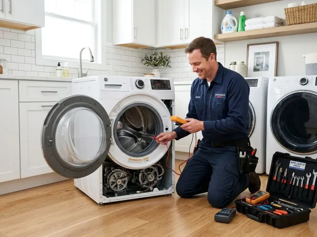 Appliance Repair Hero technician testing a front-load washer with a multimeter on a Bosque, NM service call